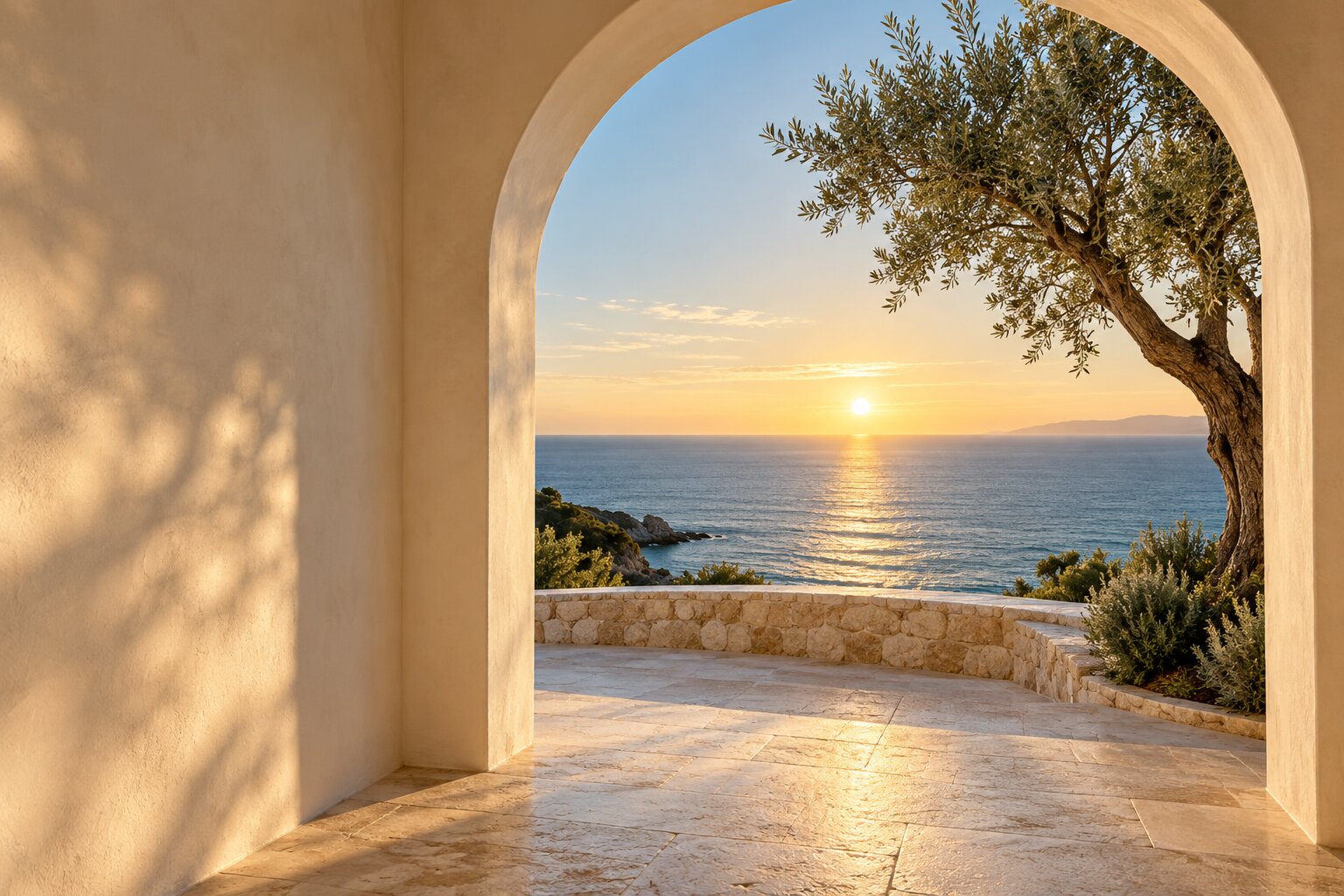 A sunlit stone archway opening onto the sea at sunset