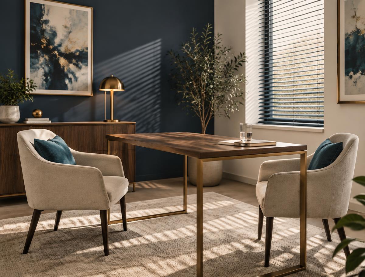 An illustrative empty consultation room with two chairs around a table