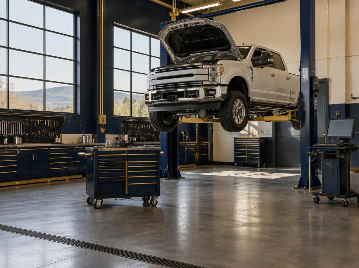 A diesel pickup raised on a lift in an empty specialty repair bay