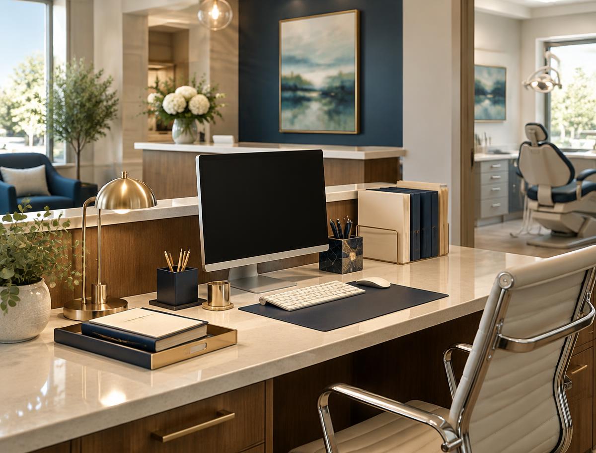 An empty dental practice front office desk with a view into the treatment area